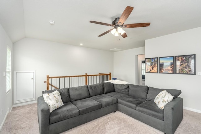 2049 Cartway Ct, Leander, TX 78641 - living area with light colored carpet, a ceiling fan, healthy amount of natural light, and vaulted ceiling