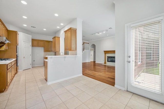 3213 Summer Canyon Dr, Austin, TX 78732 - kitchen featuring arched walkways, a peninsula, healthy amount of natural light, light countertops, and recessed lighting