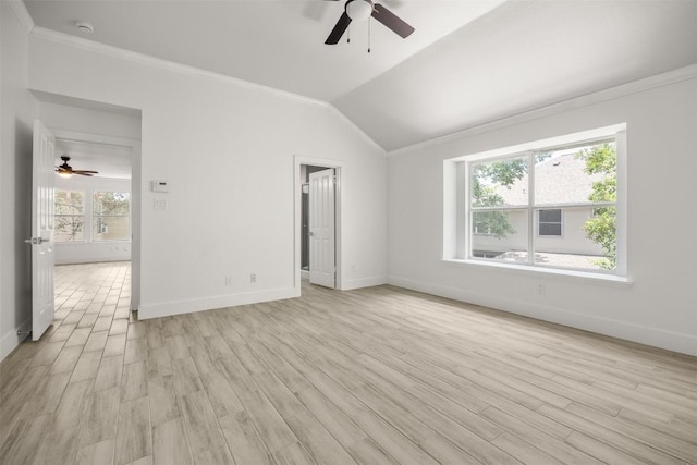 8104 Broken Branch Dr, Round Rock, TX 78681 - spare room with a ceiling fan, crown molding, light wood-style flooring, vaulted ceiling, and a smoke detector