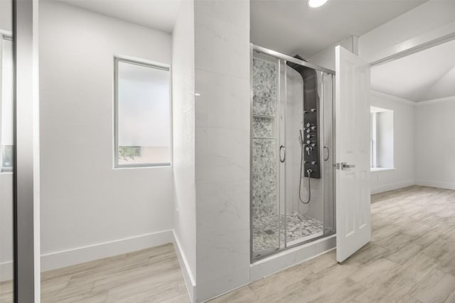 8104 Broken Branch Dr, Round Rock, TX 78681 - bathroom with a shower stall and wood finished floors