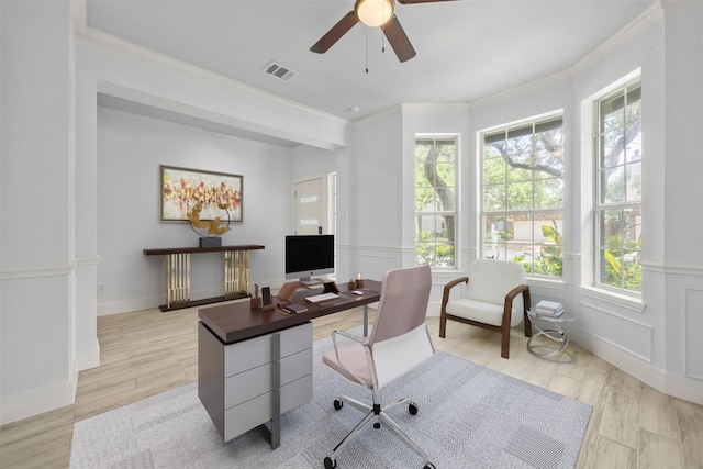 8104 Broken Branch Dr, Round Rock, TX 78681 - office area featuring ornamental molding, ceiling fan, and light wood-type flooring