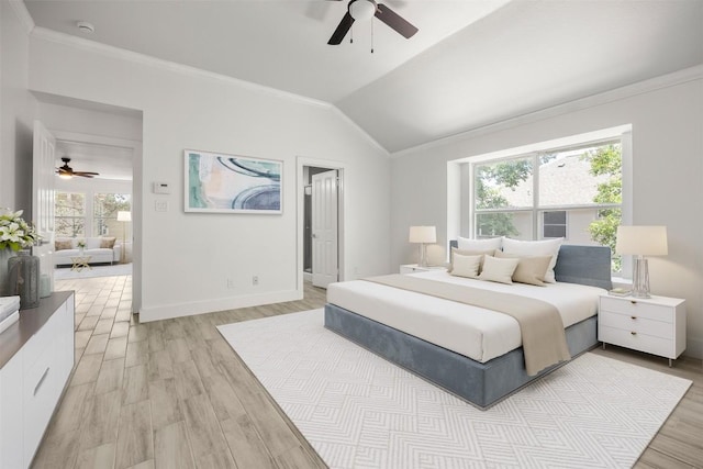 8104 Broken Branch Dr, Round Rock, TX 78681 - bedroom with ornamental molding, light wood-style floors, vaulted ceiling, and ceiling fan