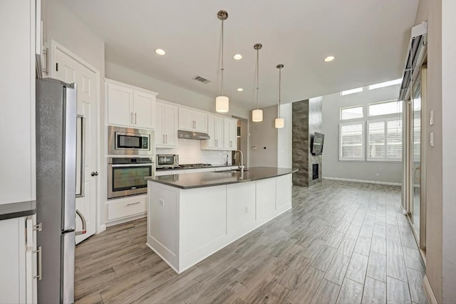 600 E Baylee Love Ln, Austin, TX 78717 - kitchen with stainless steel appliances, dark countertops, under cabinet range hood, light wood-style floors, and recessed lighting