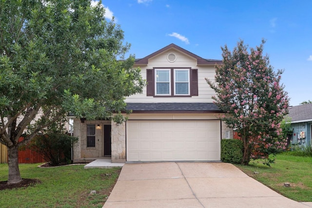 7625 Cayenne Ln, Austin, TX 78741 - traditional home with concrete driveway, a garage, a front yard, and stone siding