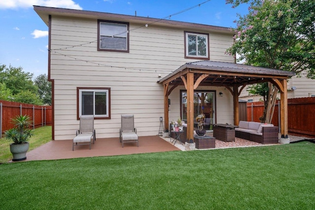 7625 Cayenne Ln, Austin, TX 78741 - rear view of property featuring an outdoor living space, a fenced backyard, a gazebo, and a patio area