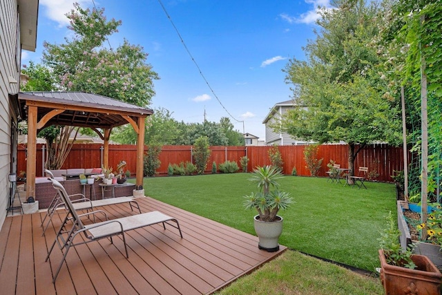7625 Cayenne Ln, Austin, TX 78741 - wooden deck with a gazebo, an outdoor living space, and a fenced backyard
