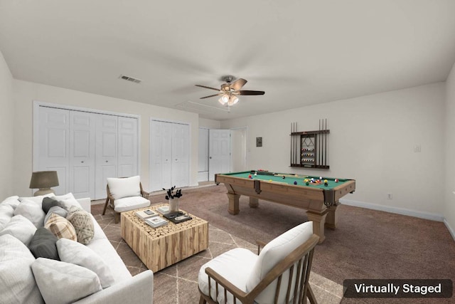 7604 Beinville Cv, Austin, TX 78749 - recreation room with billiards table, carpet floors, and ceiling fan