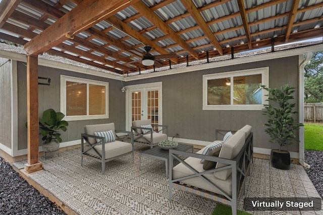 7604 Beinville Cv, Austin, TX 78749 - view of patio / terrace with french doors, a ceiling fan, an outdoor living space, and a pergola