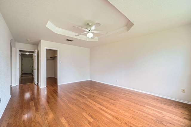 1506 Willow Bluff Dr, Pflugerville, TX 78660 - unfurnished bedroom featuring light wood-type flooring, a raised ceiling, a spacious closet, and a ceiling fan
