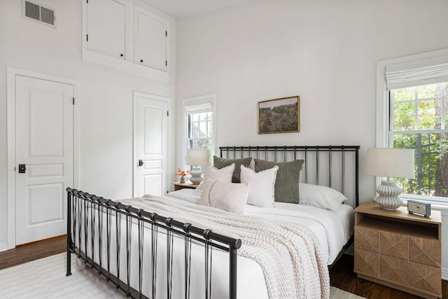 1118 Reagan Ter, Austin, TX 78704 - bedroom featuring wood finished floors, multiple windows, and a towering ceiling