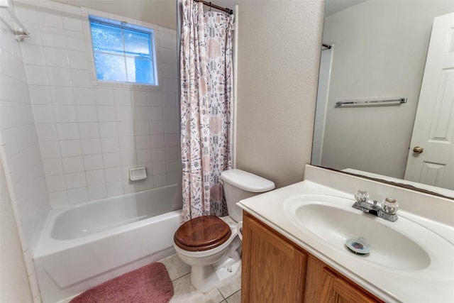 601 Indian Run Dr, Pflugerville, TX 78660 - bathroom featuring vanity, shower / tub combo, tile patterned flooring, and a textured wall