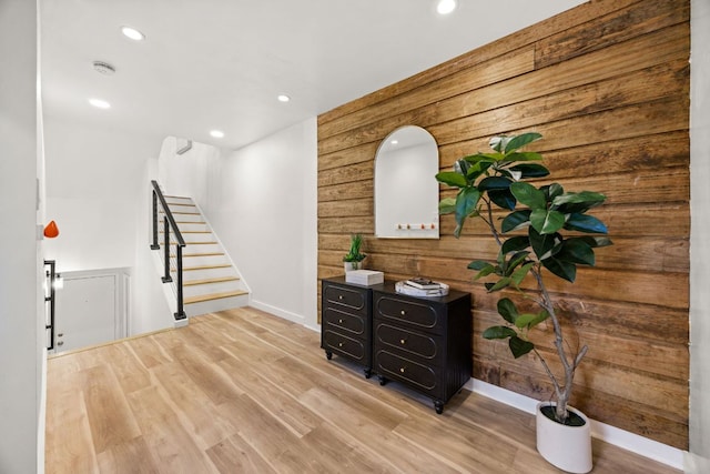 3704 Laurel Ledge Ln, Austin, TX 78731 - entryway featuring wooden walls, stairs, recessed lighting, and wood finished floors
