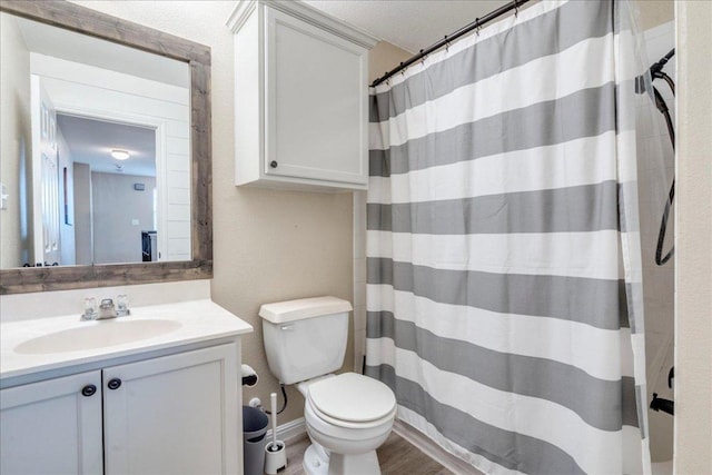 217 Adriana Ln, Hutto, TX 78634 - bathroom featuring vanity, wood finished floors, and a shower with curtain