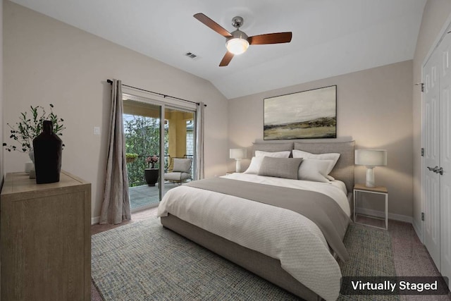 5715 Misty Hill Cv, Austin, TX 78759 - bedroom featuring access to outside, lofted ceiling, carpet flooring, and ceiling fan