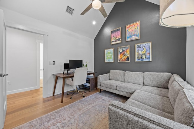 4602 Alf Ave Unit B, Austin, TX 78721 - office area featuring wood finished floors, a ceiling fan, recessed lighting, and high vaulted ceiling
