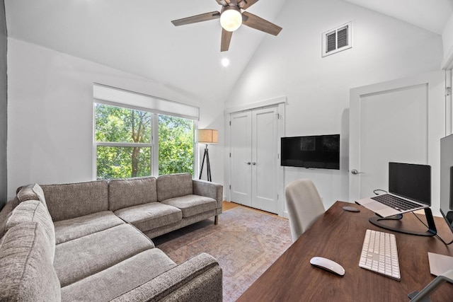 4602 Alf Ave Unit B, Austin, TX 78721 - home office featuring a ceiling fan, high vaulted ceiling, wood finished floors, and recessed lighting