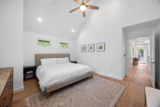 4602 Alf Ave Unit B, Austin, TX 78721 - bedroom featuring light wood-style floors, recessed lighting, high vaulted ceiling, and ceiling fan
