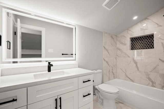 11462 Bristle Oak Trl, Austin, TX 78750 - full bath with vanity, lofted ceiling, marble look tile flooring, bathtub / shower combination, and recessed lighting