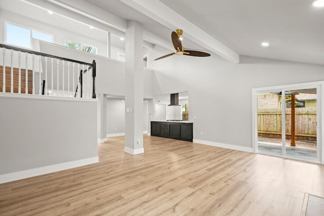 11462 Bristle Oak Trl, Austin, TX 78750 - unfurnished living room with a ceiling fan, light wood-type flooring, recessed lighting, beam ceiling, and high vaulted ceiling