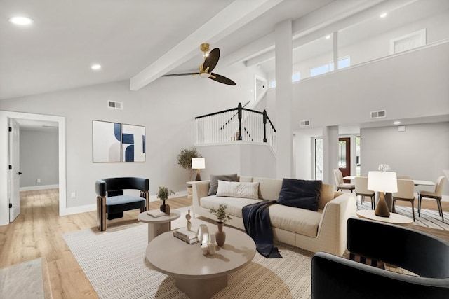 11462 Bristle Oak Trl, Austin, TX 78750 - living room featuring stairs, light wood-style flooring, recessed lighting, and ceiling fan
