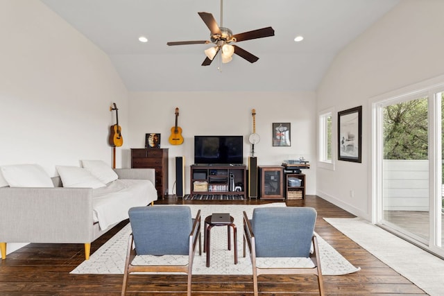 503 Alva Dr, Spicewood, TX 78669 - living room featuring lofted ceiling, dark wood finished floors, ceiling fan, and recessed lighting