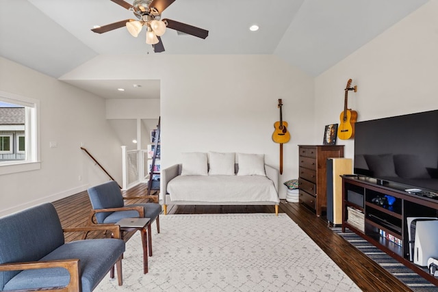 503 Alva Dr, Spicewood, TX 78669 - bedroom featuring lofted ceiling, dark wood finished floors, and ceiling fan