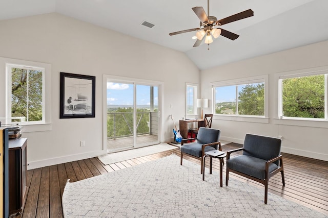 503 Alva Dr, Spicewood, TX 78669 - living area with lofted ceiling, healthy amount of natural light, hardwood / wood-style floors, and a ceiling fan