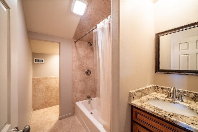 103 Rolling Hills Dr, Spicewood, TX 78669 - bathroom featuring vanity, shower / tub combo with curtain, and tile patterned floors
