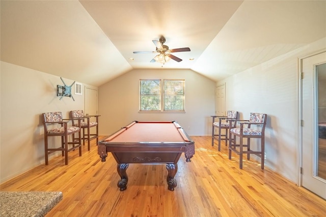 103 Rolling Hills Dr, Spicewood, TX 78669 - rec room with light wood-style flooring, a ceiling fan, pool table, and vaulted ceiling