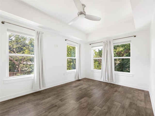 1605 Garden St, Austin, TX 78702 - empty room with a raised ceiling, a ceiling fan, and dark wood-style flooring