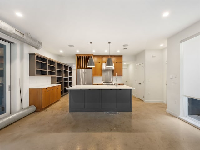 1605 Garden St, Austin, TX 78702 - kitchen with stainless steel fridge, brown cabinets, recessed lighting, open shelves, and light countertops