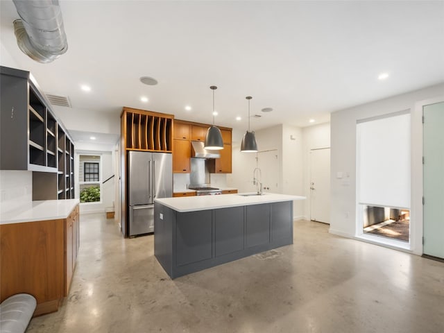 1605 Garden St, Austin, TX 78702 - kitchen featuring high quality fridge, open shelves, recessed lighting, brown cabinets, and concrete flooring