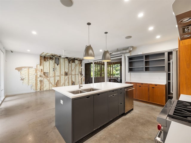 1605 Garden St, Austin, TX 78702 - kitchen with finished concrete flooring, a kitchen island with sink, light countertops, open shelves, and recessed lighting