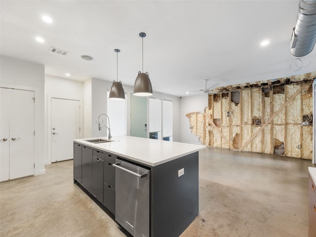 1605 Garden St, Austin, TX 78702 - kitchen with stainless steel dishwasher, finished concrete flooring, a kitchen island with sink, recessed lighting, and light countertops