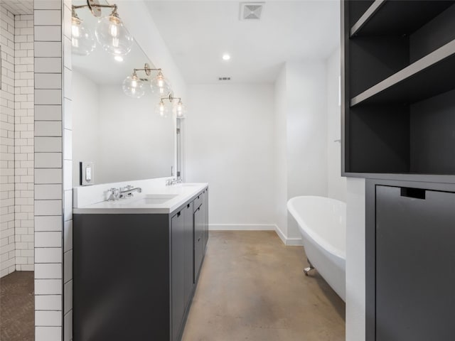 1605 Garden St, Austin, TX 78702 - bathroom featuring double vanity, a freestanding tub, concrete floors, and a tile shower