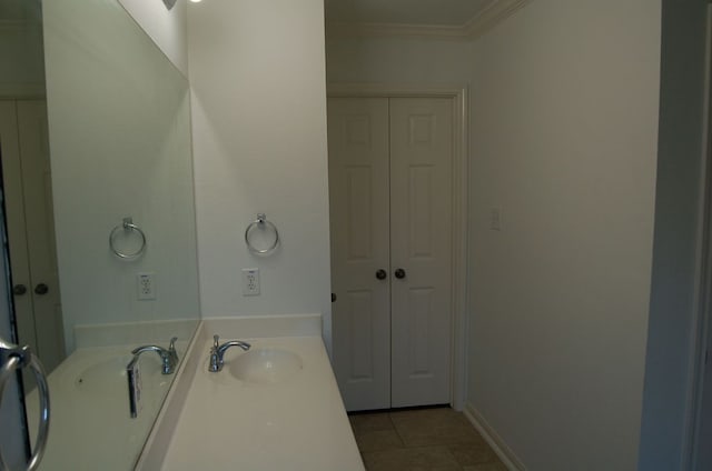 4216 Veiled Falls Dr, Pflugerville, TX 78660 - bathroom with vanity, crown molding, tile patterned floors, and a closet