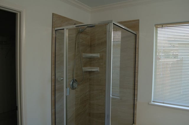 4216 Veiled Falls Dr, Pflugerville, TX 78660 - full bath with a stall shower, ornamental molding, and a walk in closet