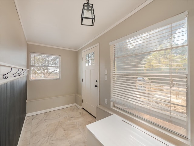 3908 Boat Dock Rd, Lago Vista, TX 78645 - doorway to outside featuring light marble finish flooring and ornamental molding