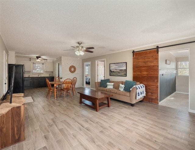 3908 Boat Dock Rd, Lago Vista, TX 78645 - living room with a barn door, a ceiling fan, light wood-style floors, a textured ceiling, and ornamental molding