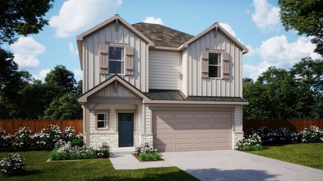 540 Bauer Loop, Liberty Hill, TX 78642 - view of front facade featuring board and batten siding, stone siding, a garage, driveway, and a shingled roof