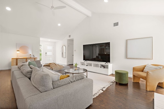 2709 Jorwoods Dr, Austin, TX 78745 - living room with wood finished floors, beam ceiling, high vaulted ceiling, a ceiling fan, and recessed lighting