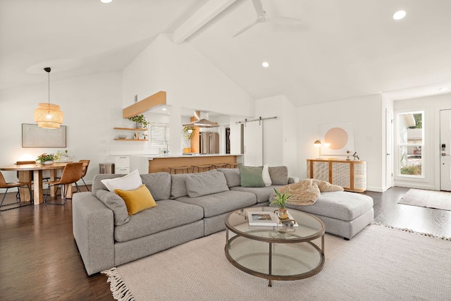 2709 Jorwoods Dr, Austin, TX 78745 - living room featuring dark wood-type flooring, beam ceiling, recessed lighting, high vaulted ceiling, and ceiling fan
