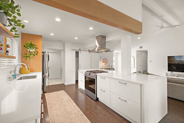2709 Jorwoods Dr, Austin, TX 78745 - kitchen featuring appliances with stainless steel finishes, island range hood, modern cabinets, open floor plan, and recessed lighting