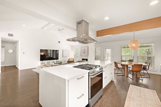 2709 Jorwoods Dr, Austin, TX 78745 - kitchen featuring island range hood, stainless steel gas range oven, white cabinetry, modern cabinets, and light countertops