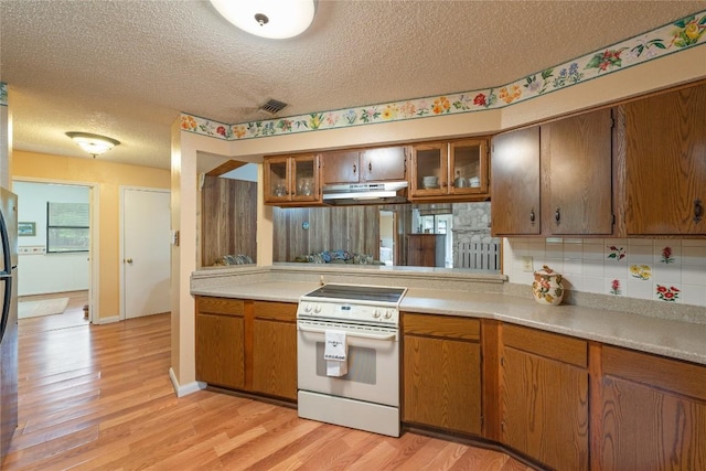 344 Fm 2984th Rd, Luling, TX 78648 - kitchen featuring white range with electric cooktop, under cabinet range hood, brown cabinetry, light countertops, and a textured ceiling