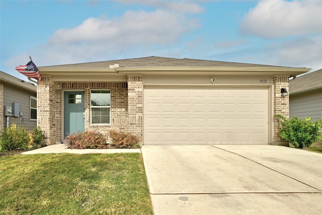 3032 Maryanne Ln, Pflugerville, TX 78660 - ranch-style house with brick siding, concrete driveway, an attached garage, a front lawn, and a shingled roof