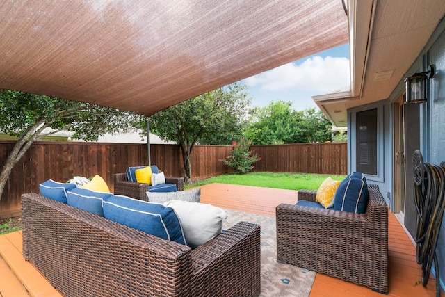 5205 Encinitas Ln, Austin, TX 78749 - fenced backyard with an outdoor hangout area and a wooden deck