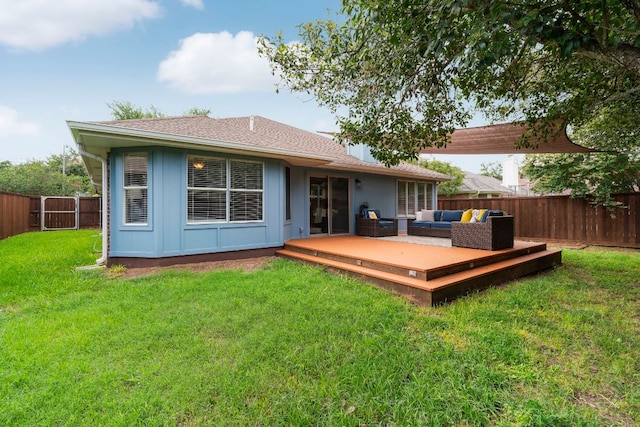 5205 Encinitas Ln, Austin, TX 78749 - back of house featuring an outdoor hangout area, a fenced backyard, a deck, a shingled roof, and board and batten siding