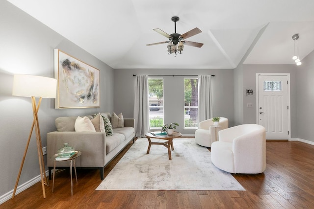 5205 Encinitas Ln, Austin, TX 78749 - living room featuring lofted ceiling, wood finished floors, and ceiling fan