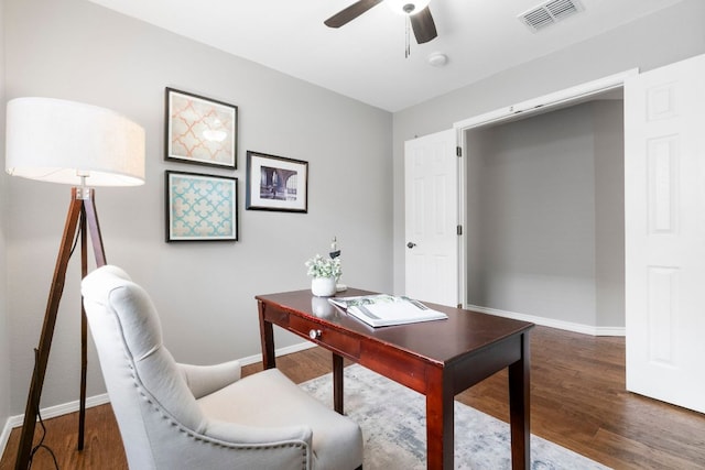 5205 Encinitas Ln, Austin, TX 78749 - home office with wood finished floors and a ceiling fan